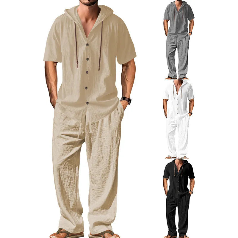 Men's two-piece cotton casual suit with long sleeves and trousers on a hanger