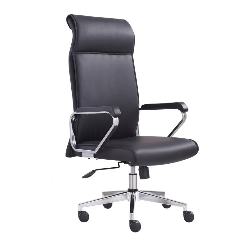 Simple black leather office chair with armrests and swivel base against a plain background