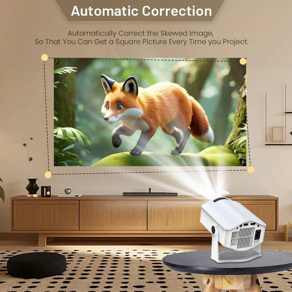 White HM400pro barrel portable projector on a table with 720p resolution and 200 ANSI brightness