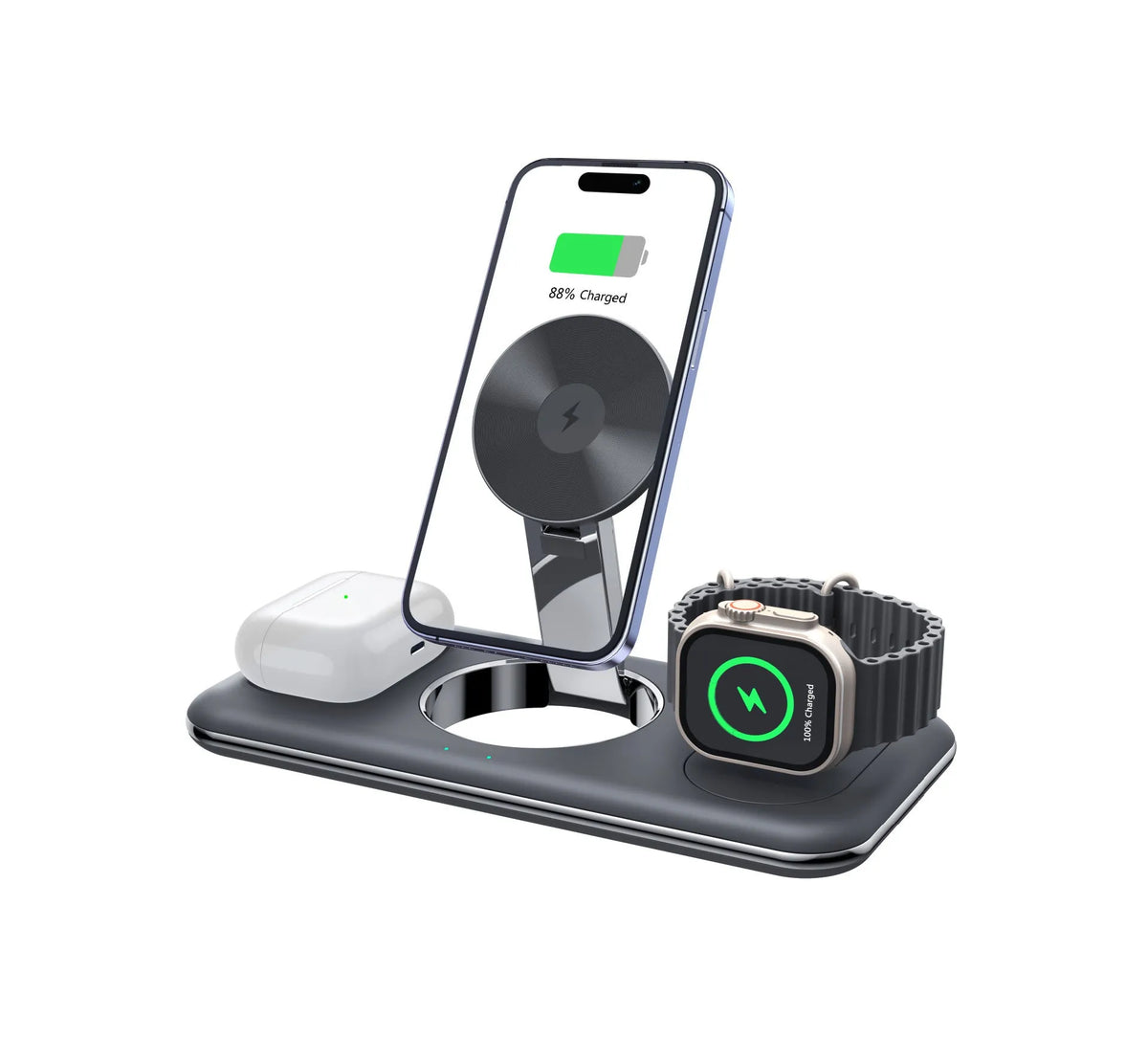Folding magnetic wireless charger desktop bracket in white with Type-C cable for phone, headphones, and watch