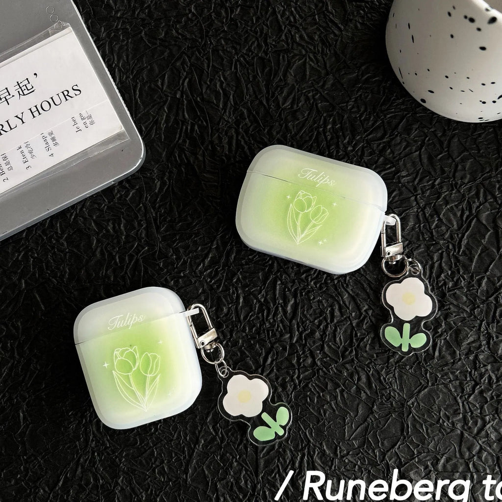 Transparent green tulip embossed TPU earphone cover for Apple AirPods case