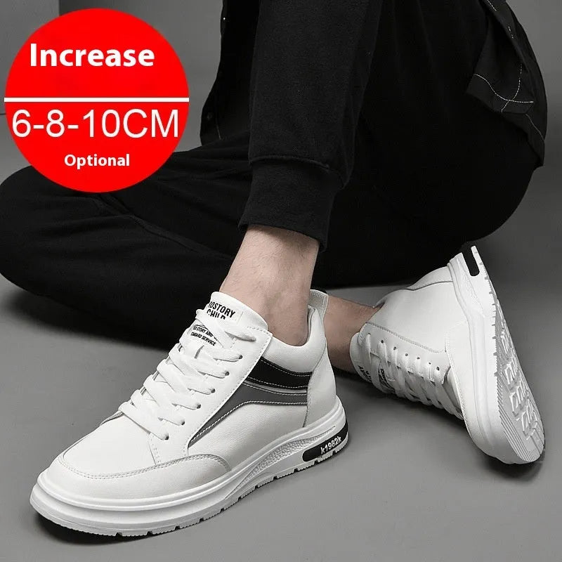 Men's black and white low-top lace-up casual sneakers with hidden height increase insoles on a rubber sole.