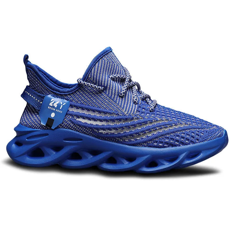 Men's blue Flyknit mesh casual sneaker with a foam sole and platform mid-heel on a white background.