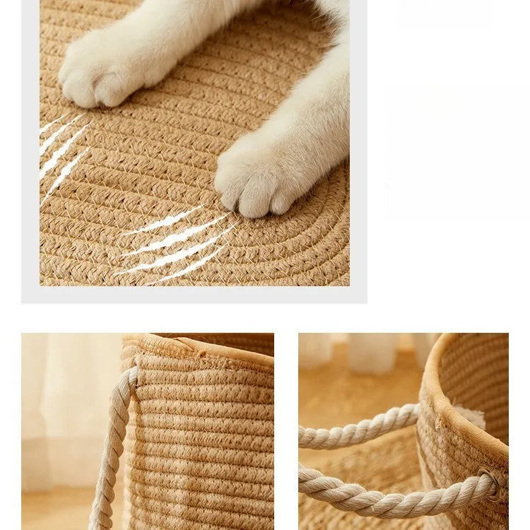 Woven cotton and linen cat nest basket, four seasons universal, medium or large, usable as cat scratch board