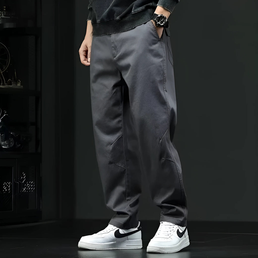 Men's casual straight leg cotton trousers in gray, mid waist loose fit