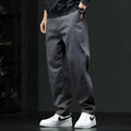 Men's casual straight leg cotton trousers in gray, mid waist loose fit