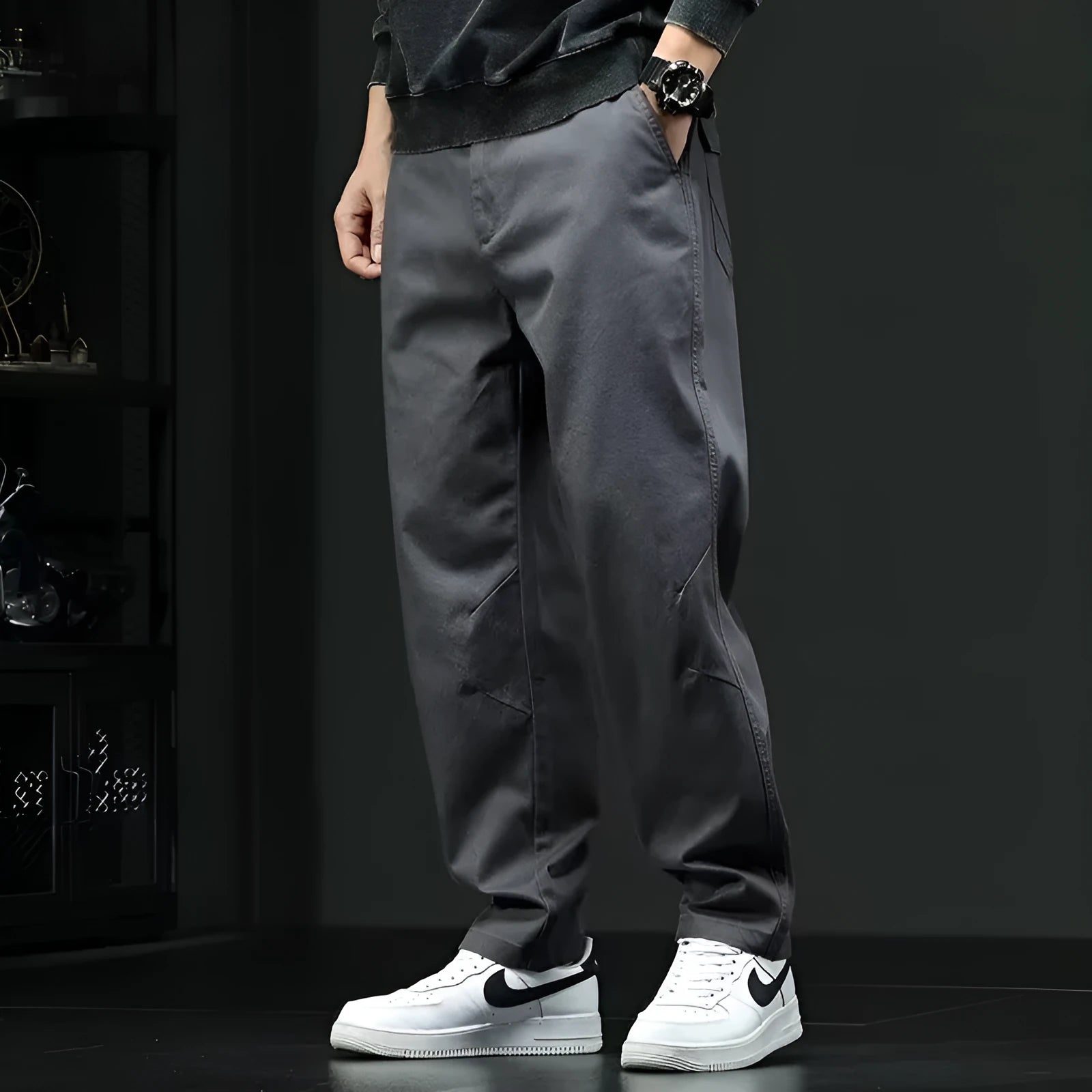 Men's casual straight leg cotton trousers in gray, mid waist loose fit