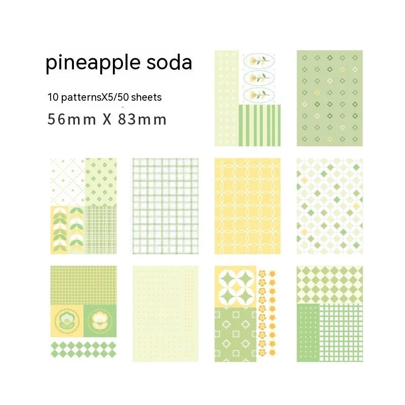 Fanned display of 50 pastel-coloured retro collage note papers in dessert shades like red plum, caramel, and mango.
