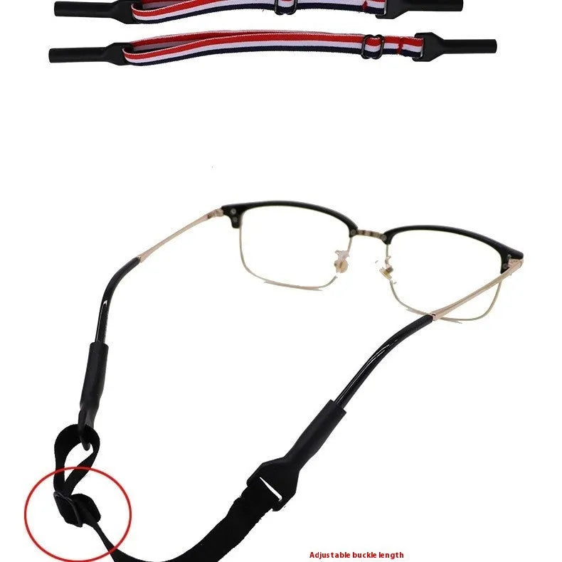 Black adjustable glasses cord with silicone earpiece attachments for anti-slip eyewear security