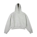 Dark grey Chinese cotton velvet hooded sweatshirt with a removable hood on a hanger.