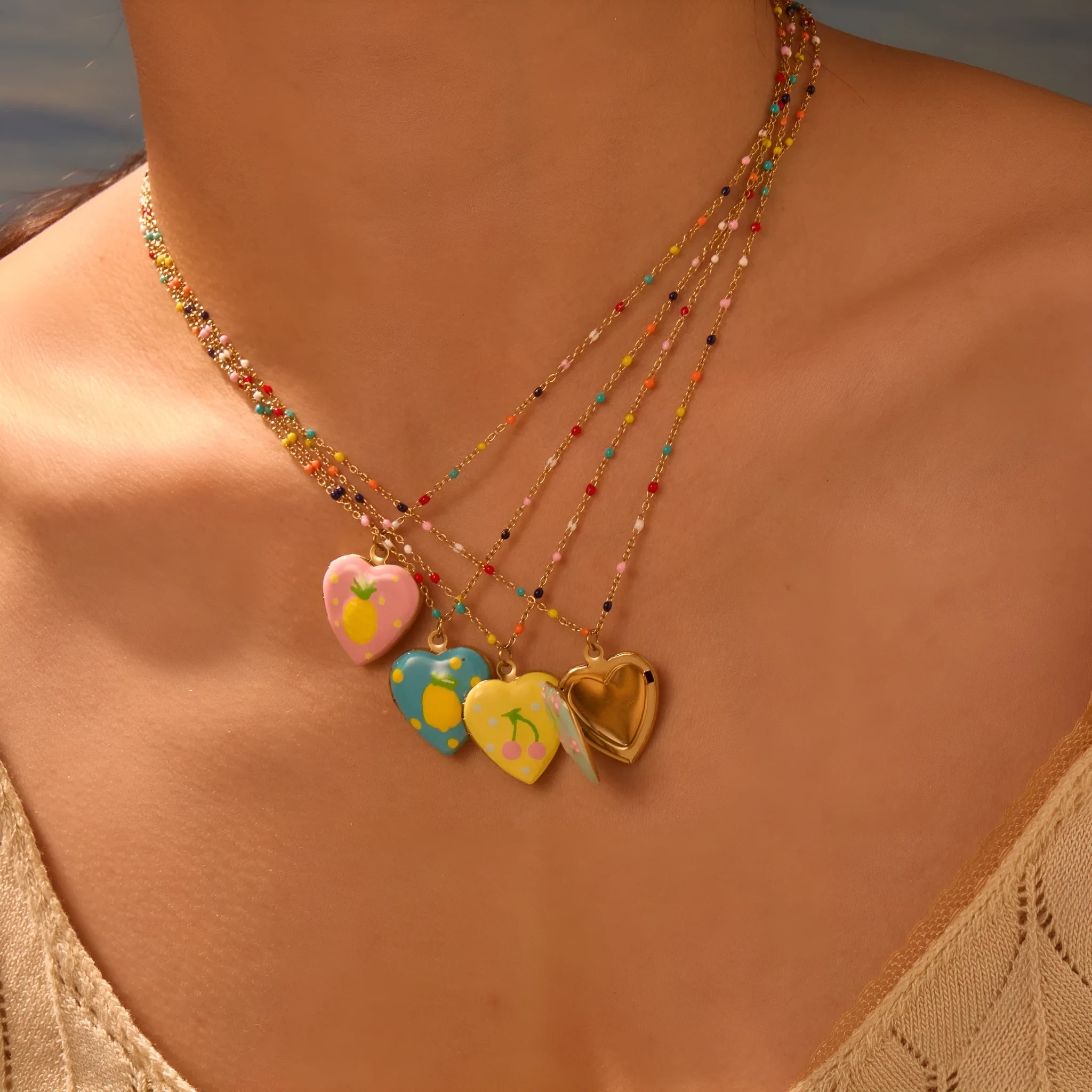 Gold plated stainless steel fruit love pendant necklace with adjustable chain