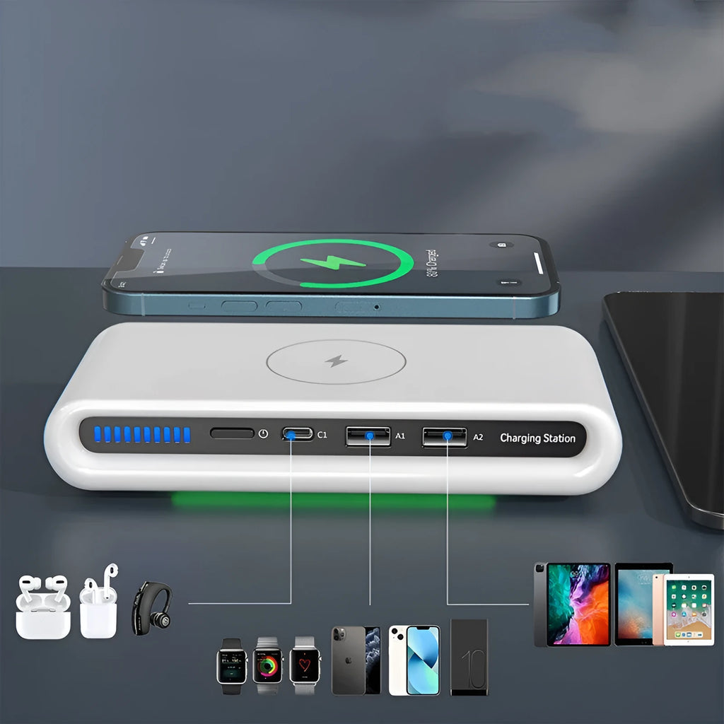 White desktop wireless charger with ambient lighting showing phone charging and colour illumination