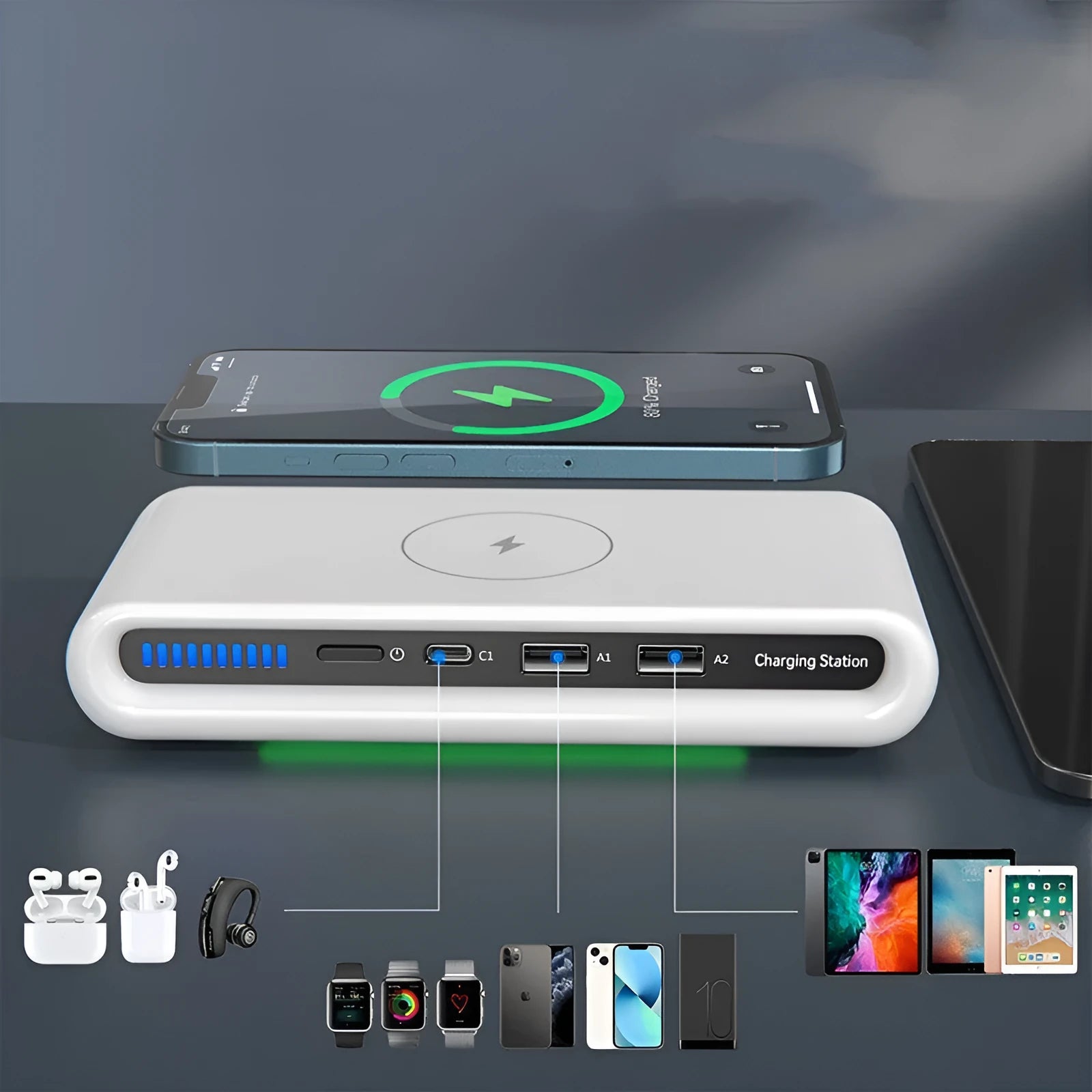 White desktop wireless charger with ambient lighting showing phone charging and colour illumination