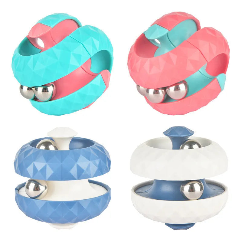 Diamond pattern ball track gyro Rubik's cube fidget toy in blue, green, pink, and white on white background