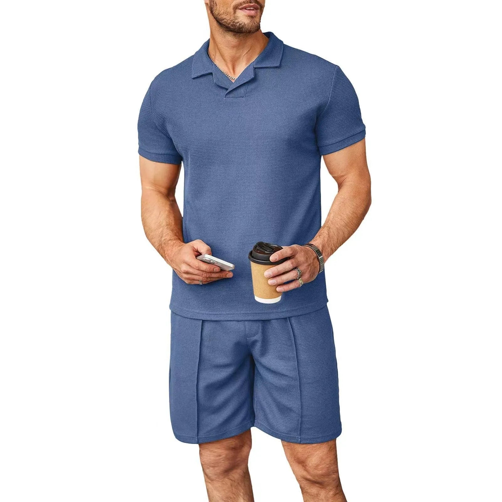 Men's 2pcs set V neck polo shirt and shorts in waffle style, available in multiple colours for summer
