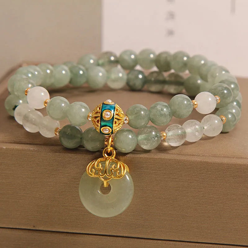 Women's aventurine double-layer jade bracelet with safety buckle in oil green with rhinestone accents