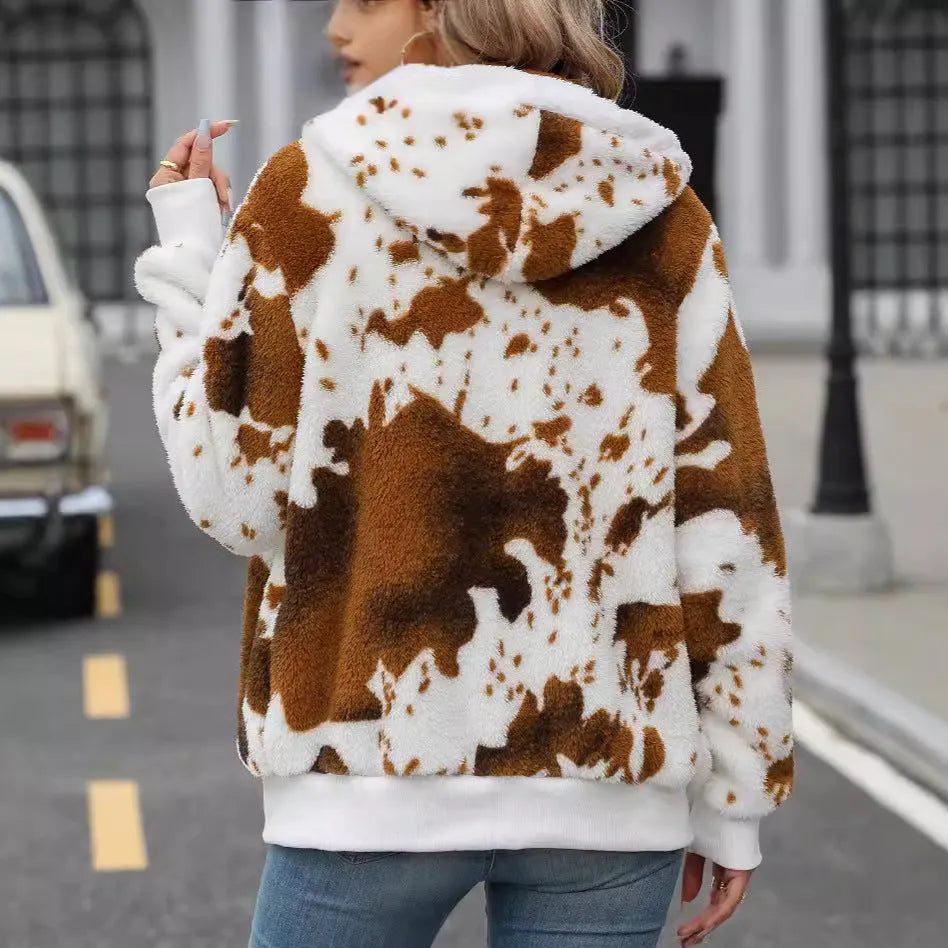 Yellow brown cow animal print hooded cardigan jacket with full zipper and regular sleeves