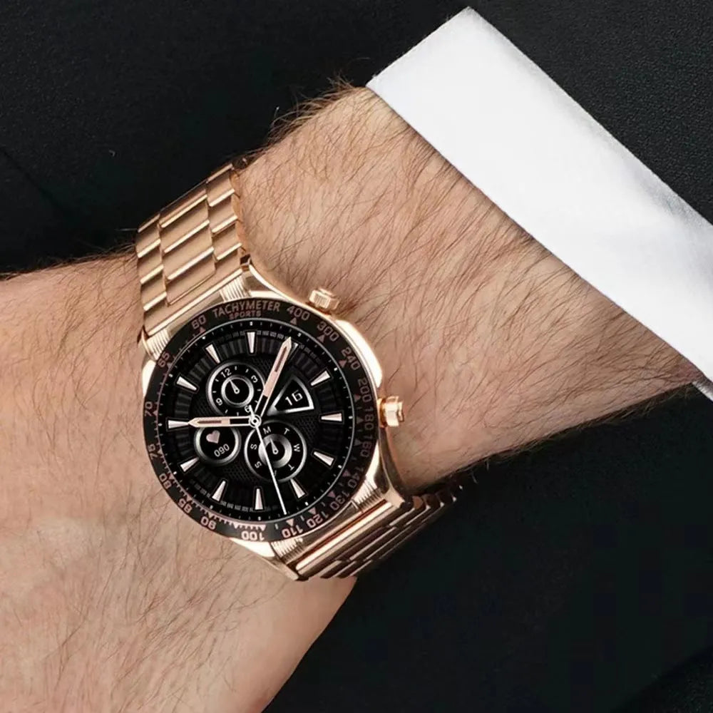 Men's black Bluetooth smart watch with silicone strap showing health stats on its IPS screen.