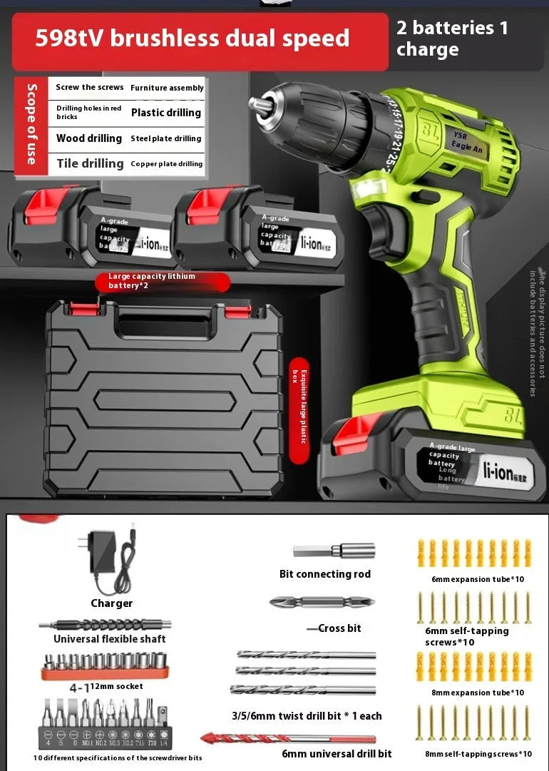 21V brushless impact drill with 10mm chuck, 150Nm torque, and two lithium batteries