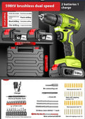 21V brushless impact drill with 10mm chuck, 150Nm torque, and two lithium batteries