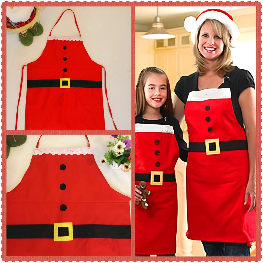 Red polyester Christmas apron shown in adult and children's sizes on a kitchen background