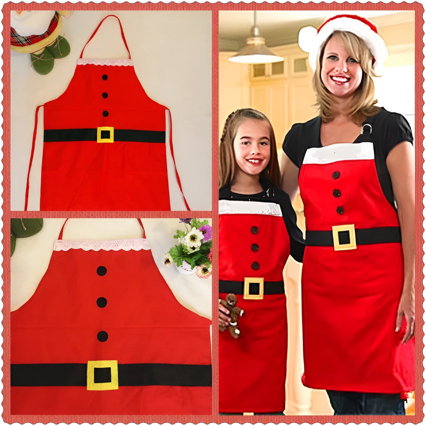 Red polyester Christmas apron shown in adult and children's sizes on a kitchen background