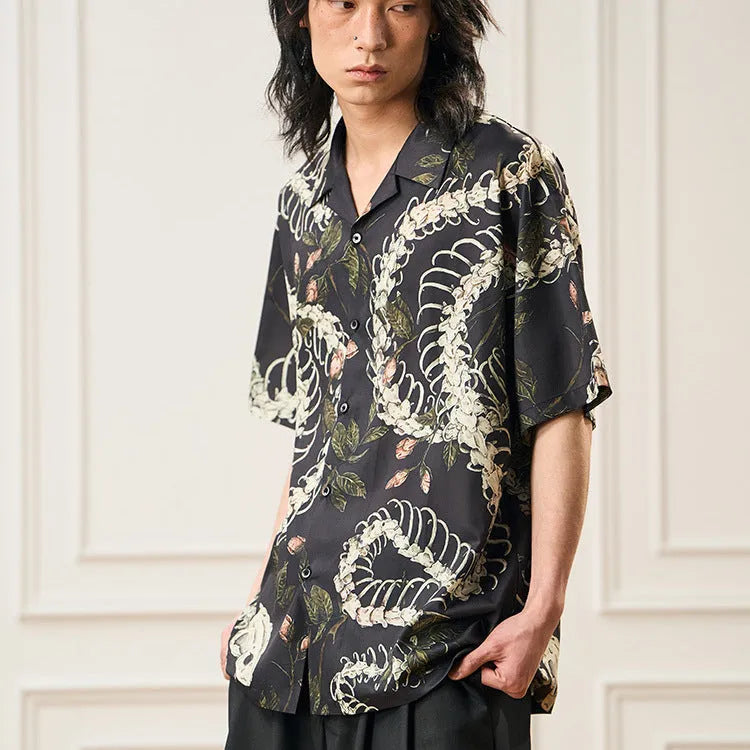 Men's short sleeve Cuban collar shirt with a snake bone floral pattern print in assorted colours.
