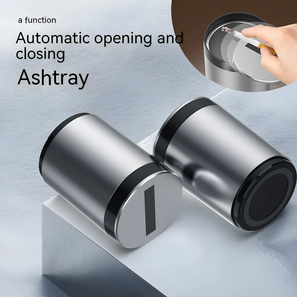 Silver aluminium automatic induction ashtray with lid open, showing compact size.