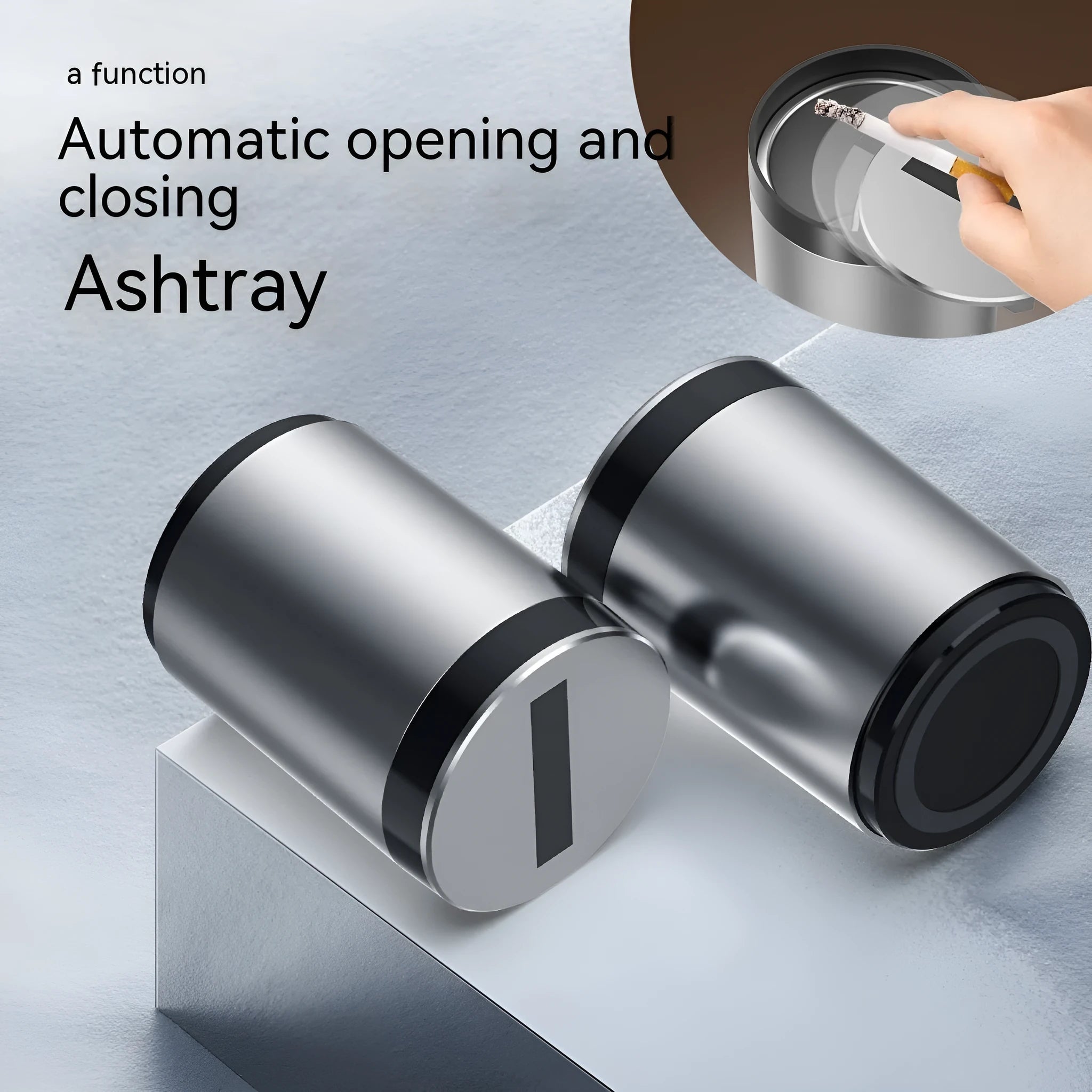 Silver aluminium automatic induction ashtray with lid open, showing compact size.