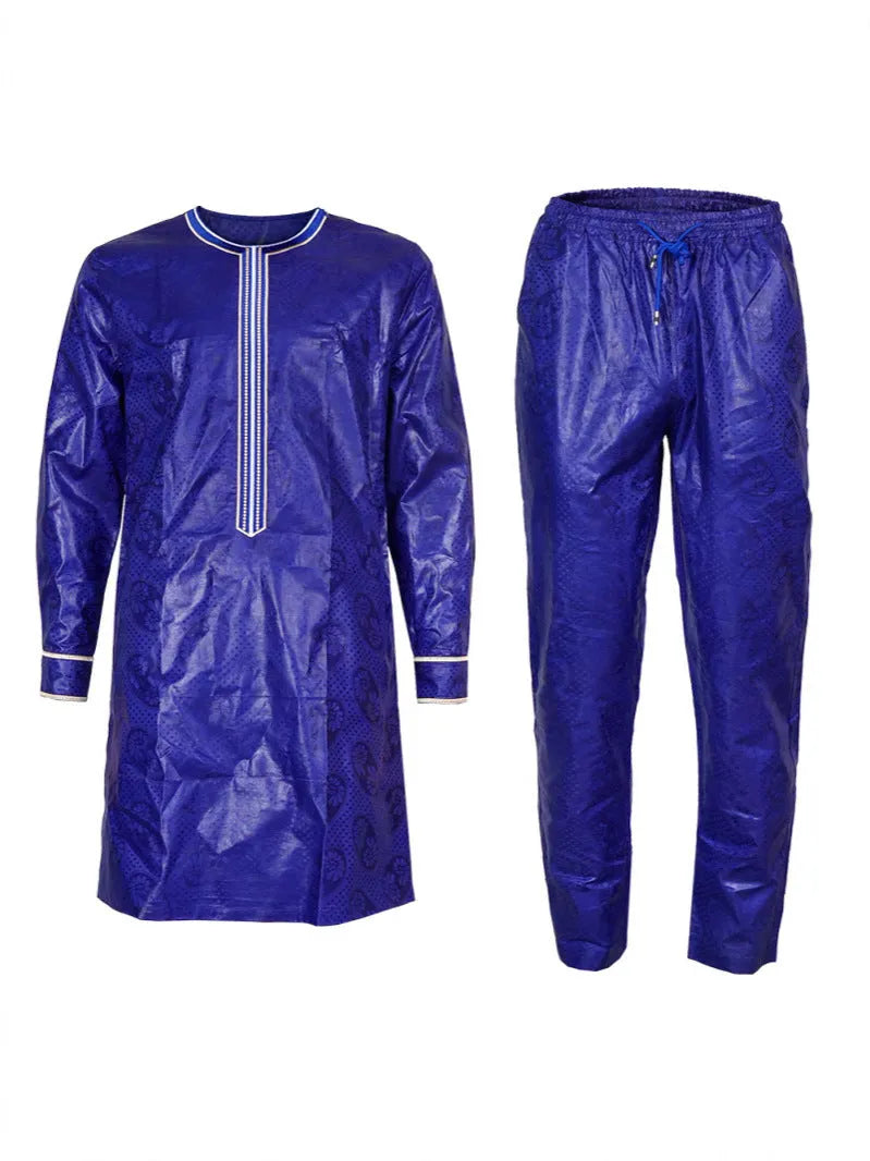 Plus size men's figured cloth three-piece suit in dark blue, including outer robe, shirt, and trousers, Asian sizes L-4XL