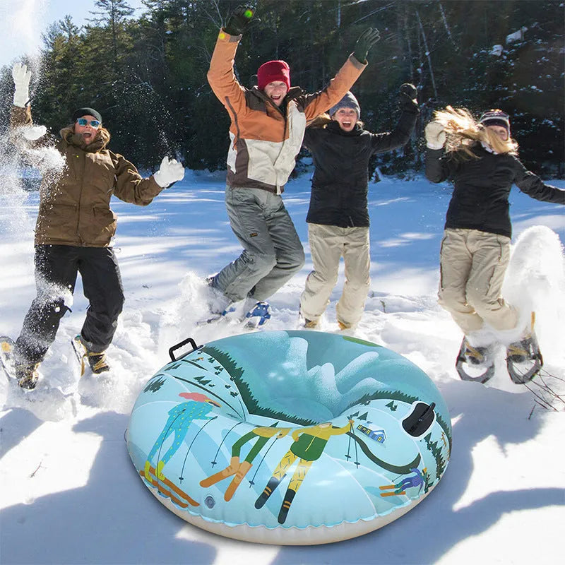 PVC winter ski ring toy in flame red, ice-snow blue, or snow mountain colour design for outdoor snow play.