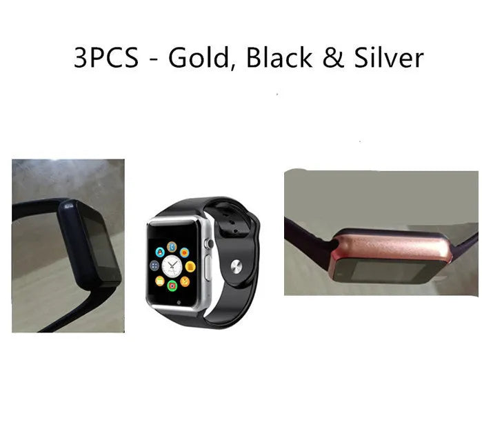 A1 Smart Watch in various colours featuring a 1.54-inch screen, GSM SIM slot, and camera.