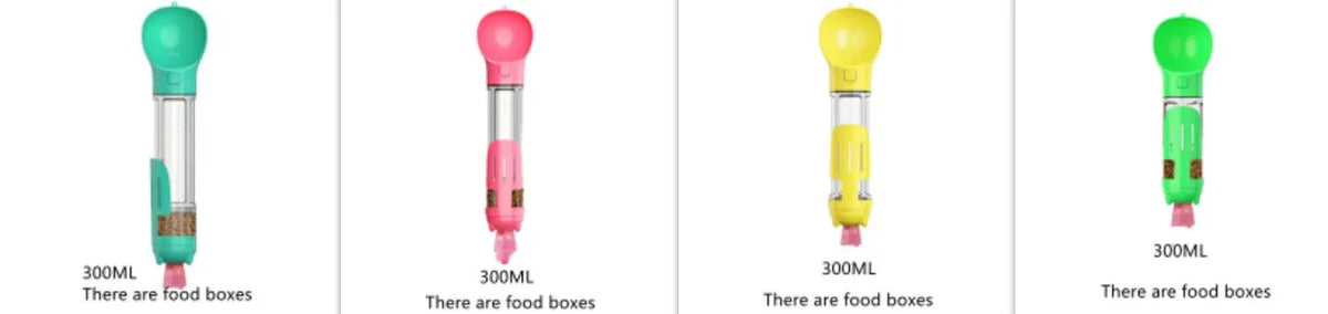 Pet multi-functional water bottle 300ml 500ml with food box, garbage bag, and side shovel in yellow, pink, blue, and green