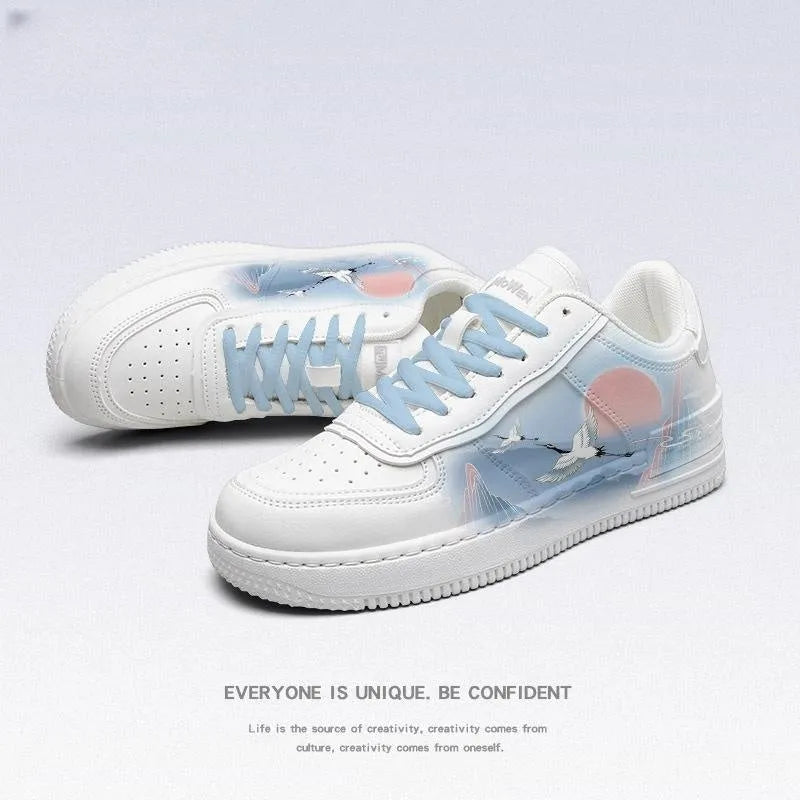 White crane board sneakers low top artificial PU cartoon style white with sky blue laces unisex spring shoes