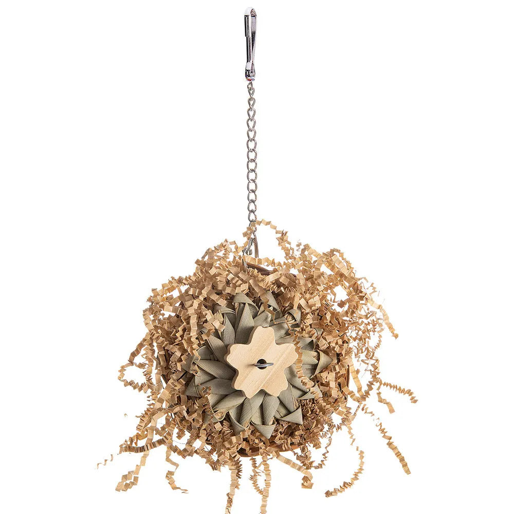Parrot gnawing toy set with three wood and sisal rope chew designs for molar activity.