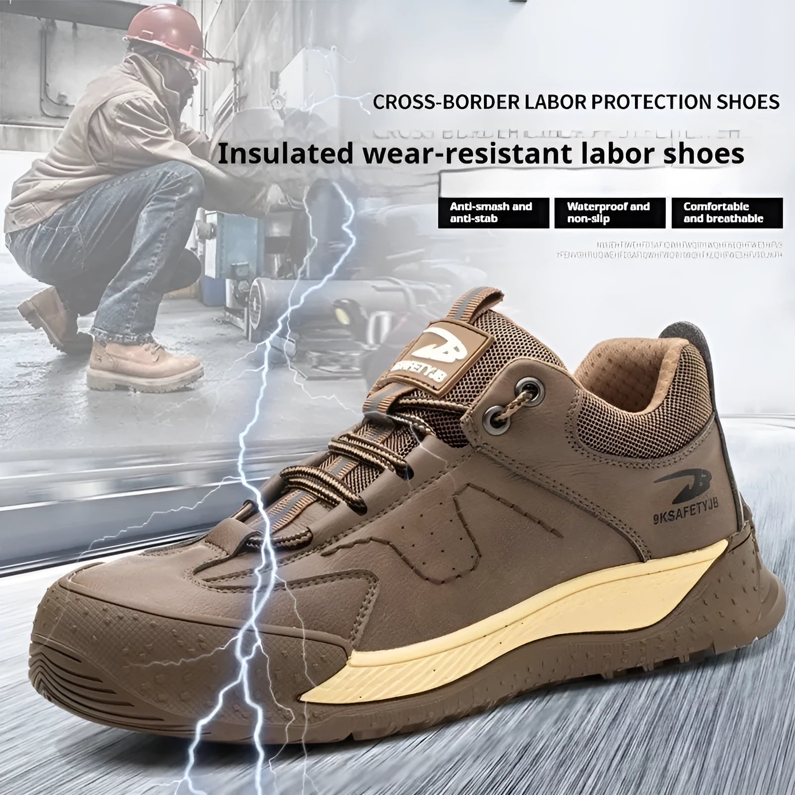 Flyknit leather safety work shoe with rubber sole, shown in available colours.