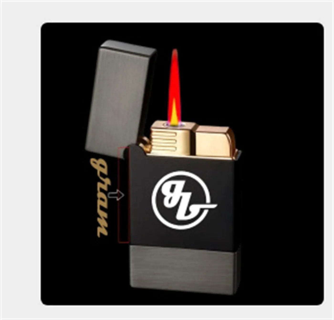 Compact metal and steel windproof gas lighter measuring 62x35x11mm on a plain background