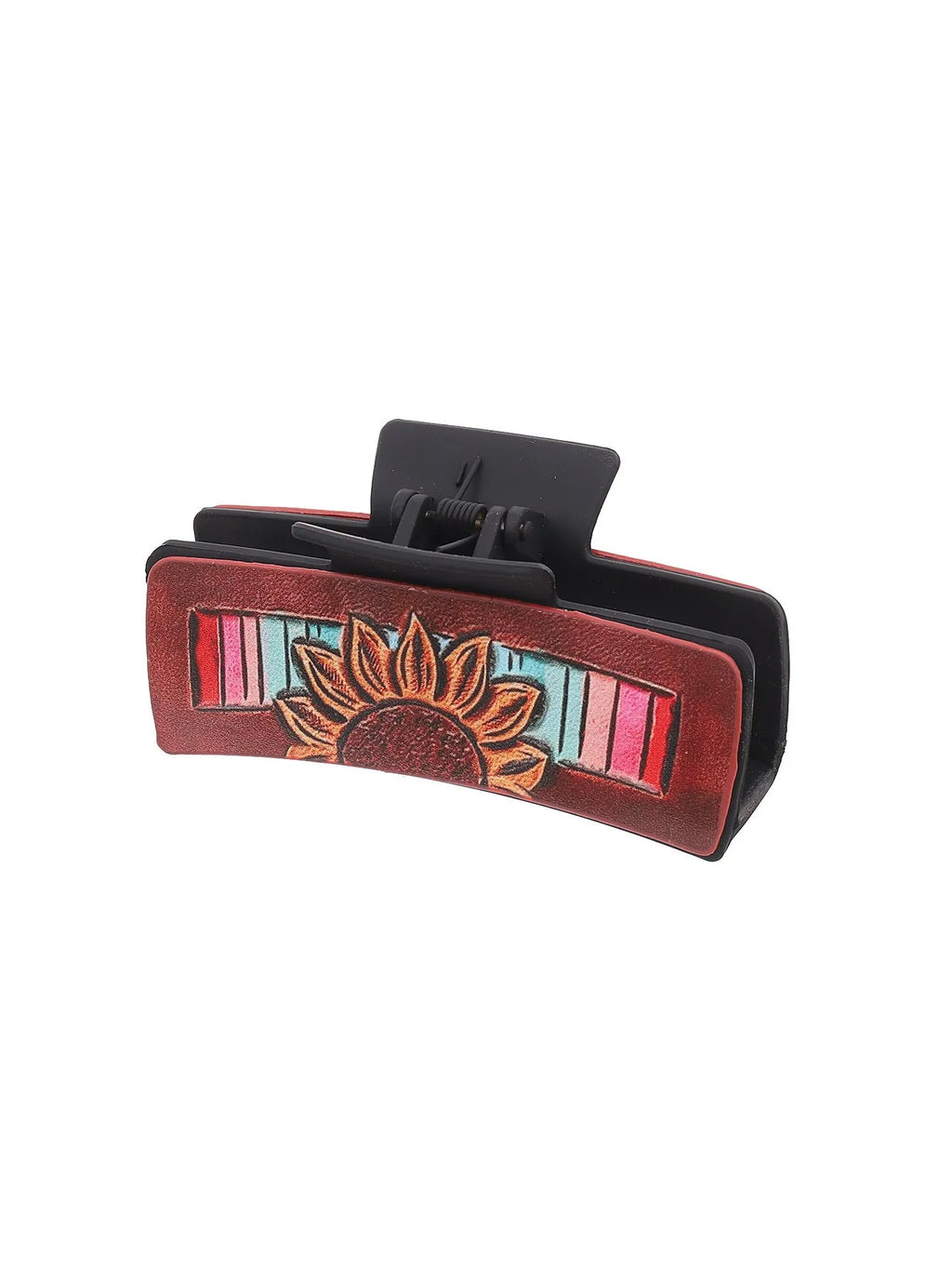 Gray artificial leather barrette with sunflower design and denim style texture for women