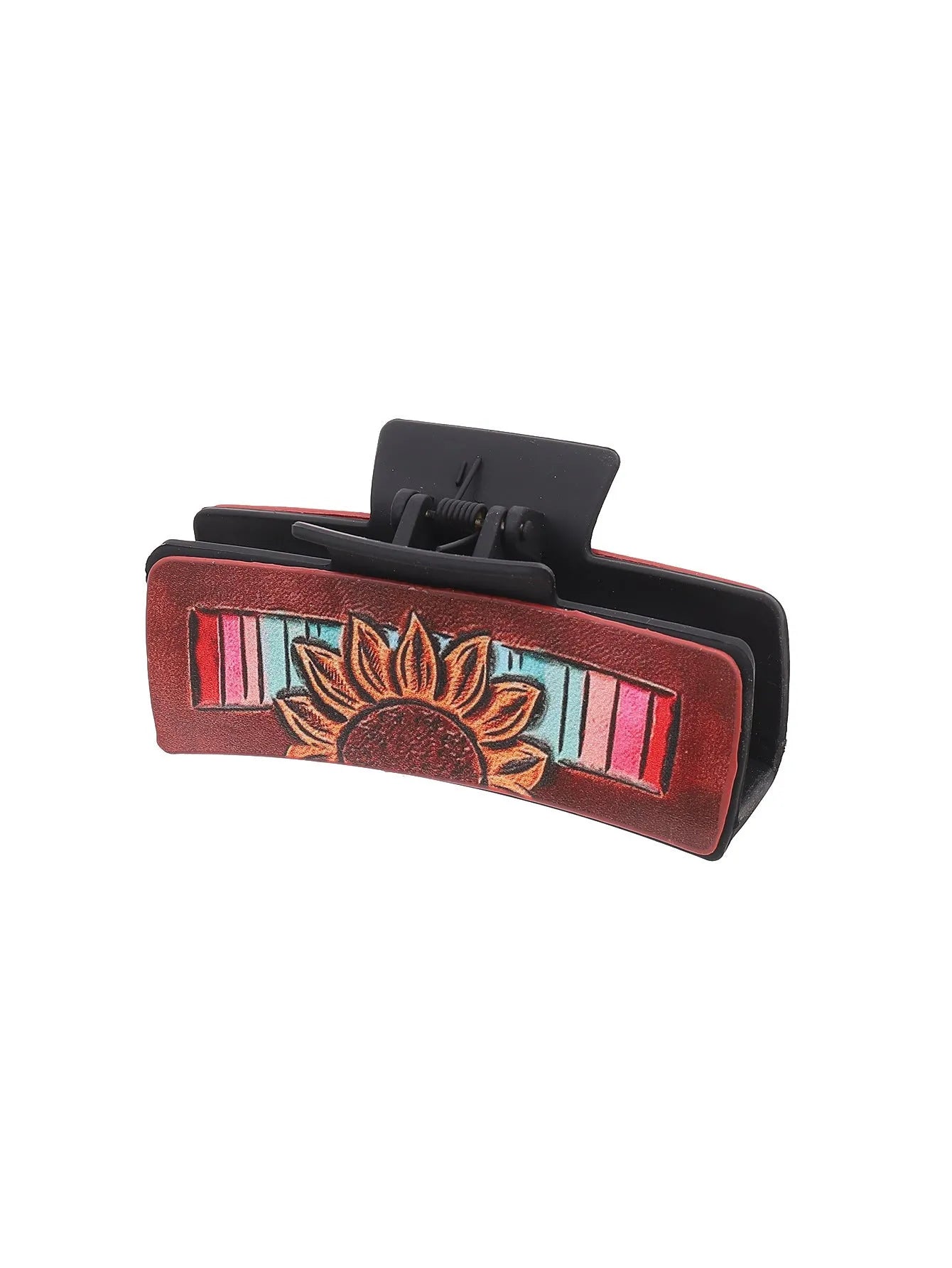 Gray artificial leather barrette with sunflower design and denim style texture for women