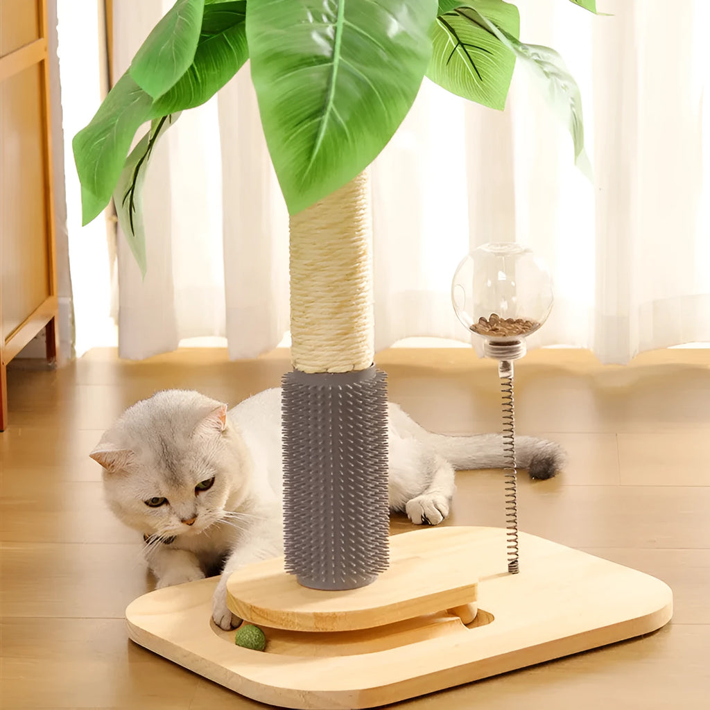 Tall, columnar cat scratching post with natural sisal rope wrapped around a wooden core, standing on a floor.