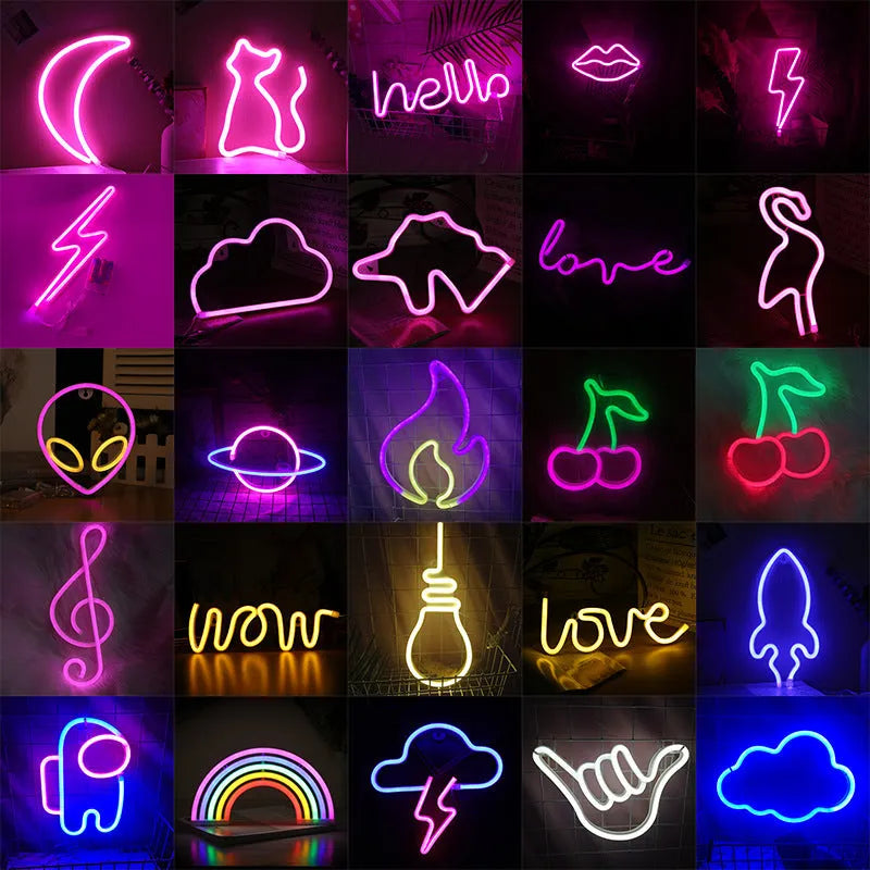 LED neon note sign in blue, pink, or warm white, PVC shell, 35 x 14 x 2.2 mm, USB decorative bar room light