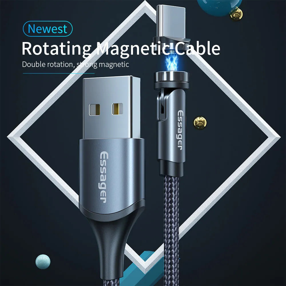 Essager rotate magnetic cable with 360 degree rotating head, nylon braid, 1m length, black colour