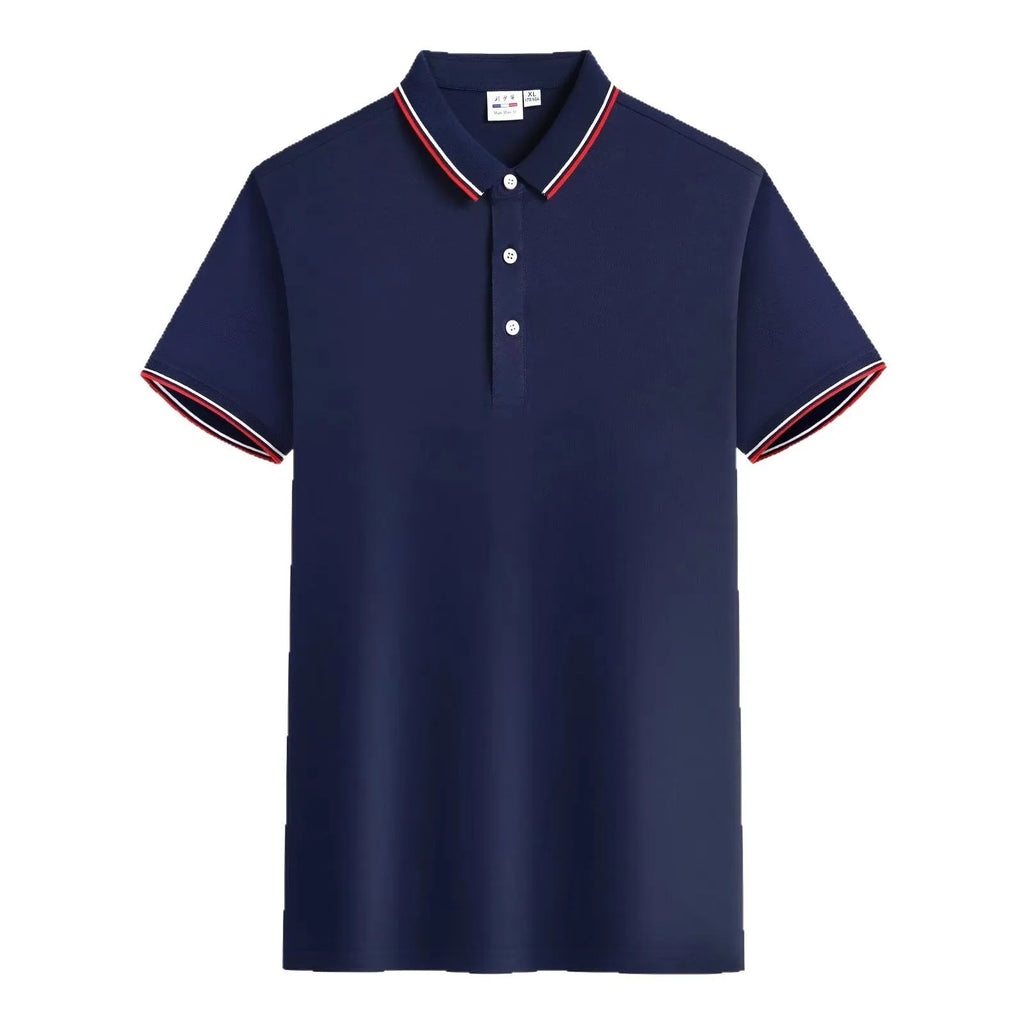 Embroidered lapel short sleeve cotton blend top in navy blue on hanger