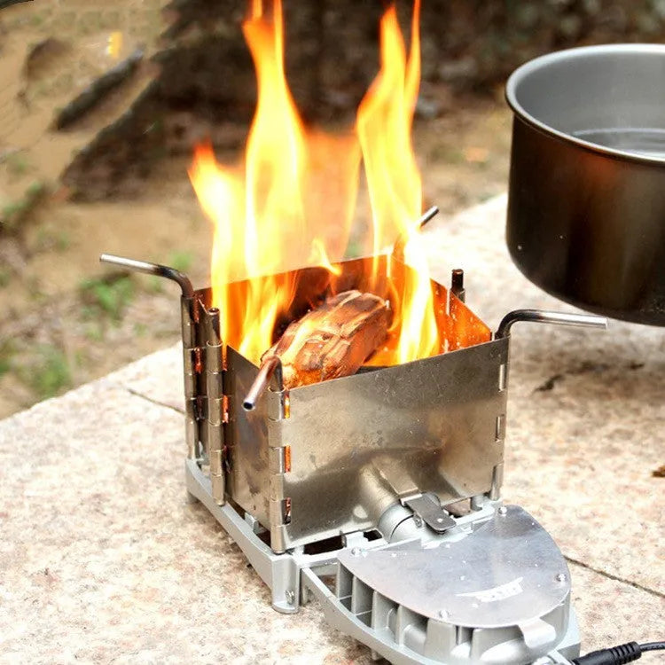 Outdoor portable stainless steel wood stove folding camping stove silver with grill Brs6000w on grass