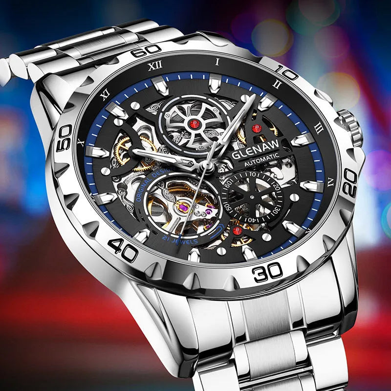 Men's automatic skeleton watch with luminous hands and stainless steel strap