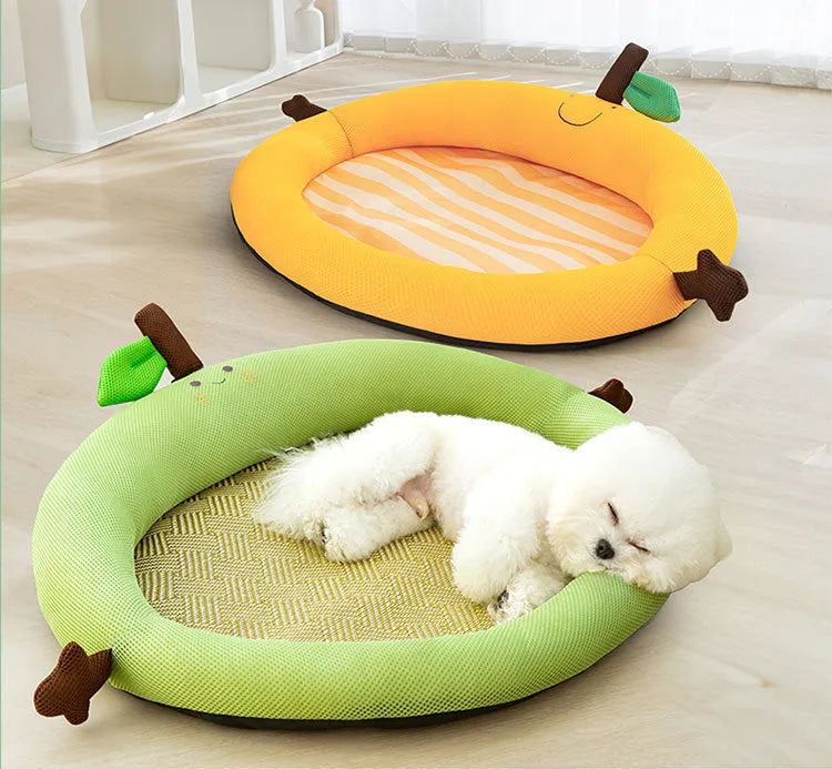 Green fruit pattern pet nest mat with raised backrest in large 65x50cm size
