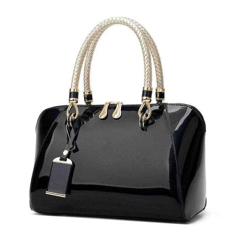 Patent leather shiny one-shoulder diagonal crossbody bag blue medium square vertical section with lock closure