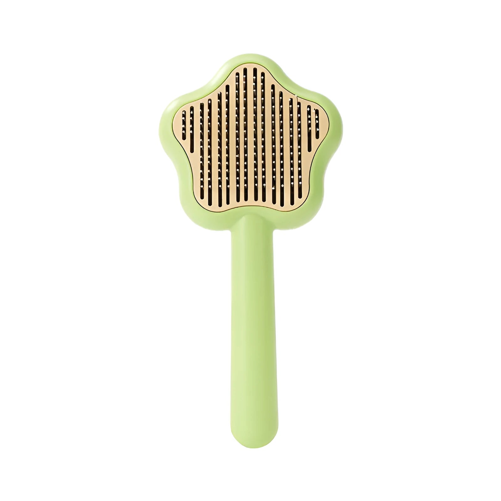 Green and yellow handled self-cleaning pet grooming comb with stainless steel needle bristles.