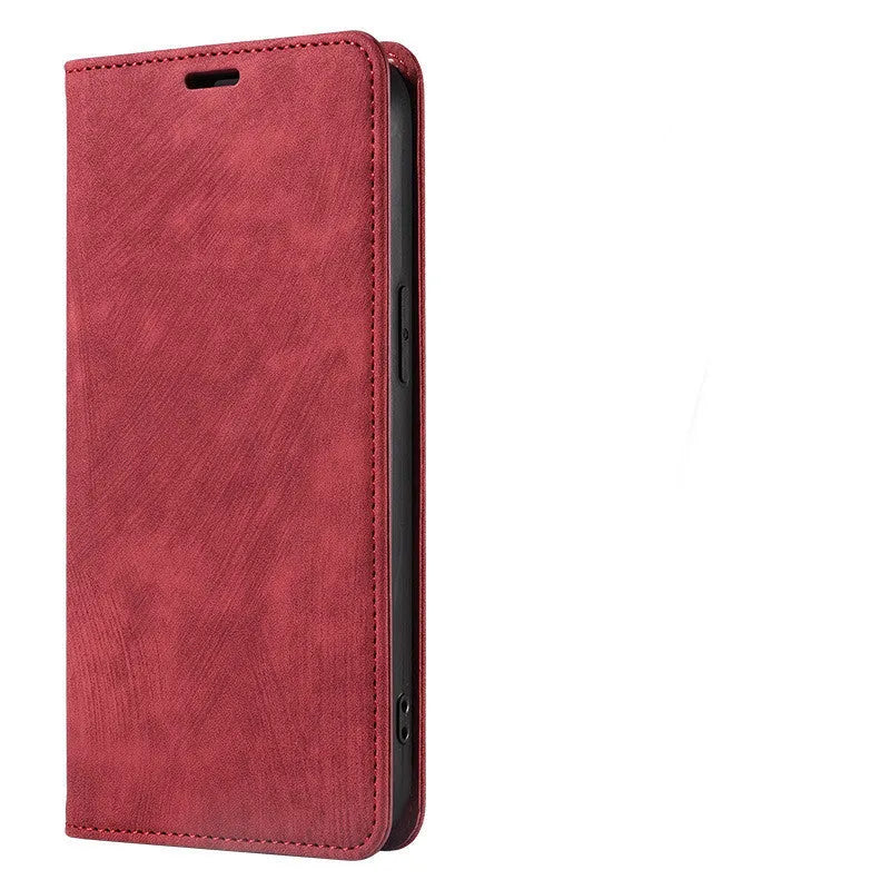 Magnetic flip phone case in grey showing closed magnetic flap and inner card slot for iPhone.
