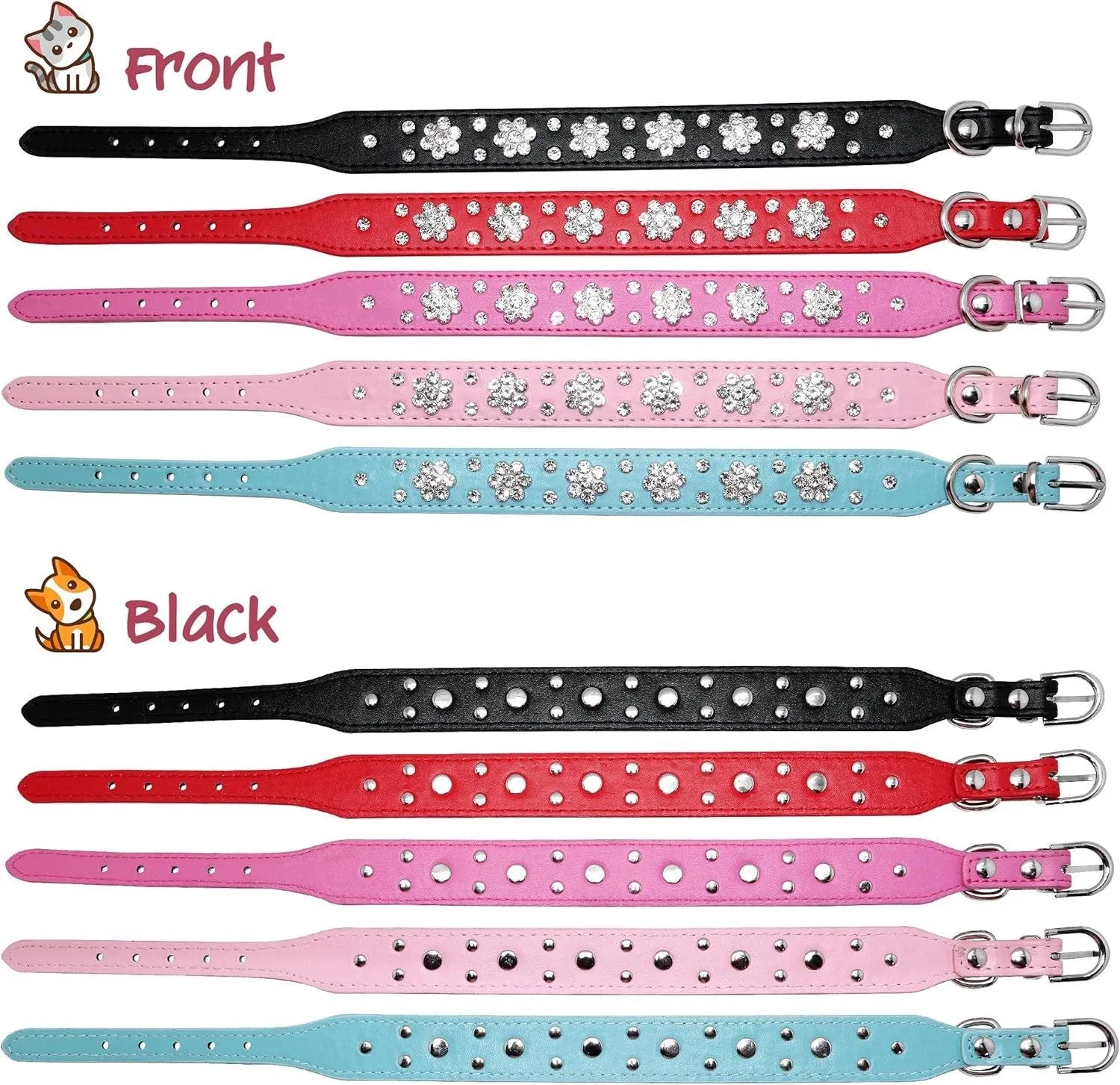 Black PU leather dog collar with studded rhinestone flower pattern and metal D-ring.